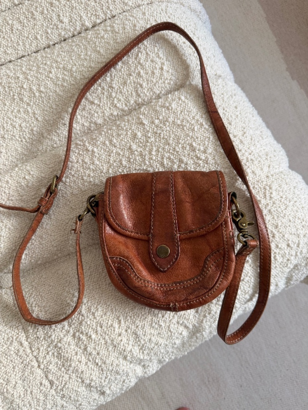Vintage FRYE Cognac Distressed Leather Crossbody Saddle Bag